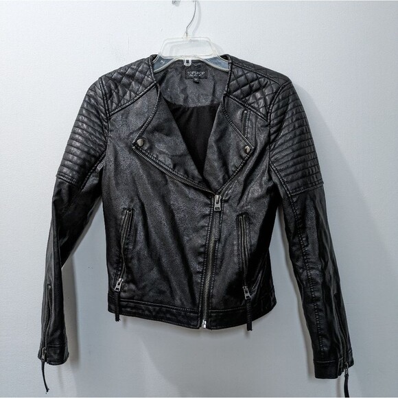 TOPSHOP Faux Leather Moto Jacke Zip Up Biker Black Women's 4 - Picture 1 of 12